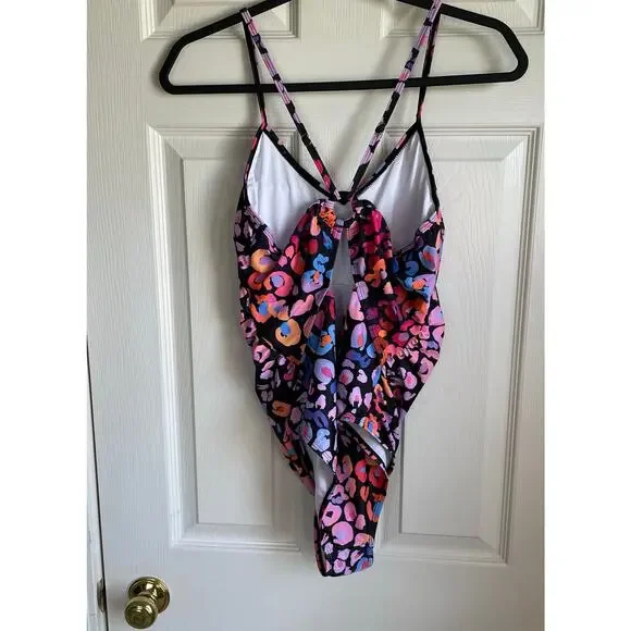 Cupshe One Piece Swimsuit NWOT Sz L Multicolored Leopard Print O Ring Cutout - Picture 8 of 14